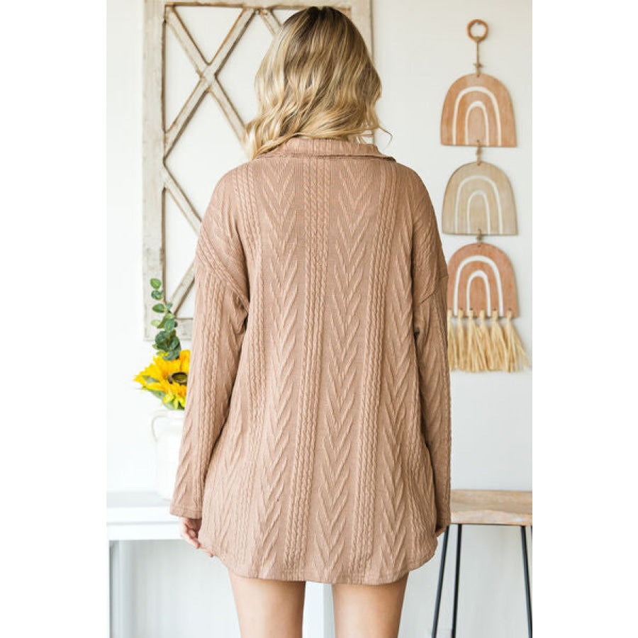 Cable-Knit Button Up Dropped Shoulder Jacket Mocha / S Clothing
