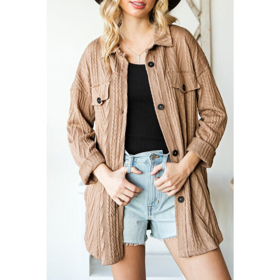 Cable-Knit Button Up Dropped Shoulder Jacket Mocha / S Clothing