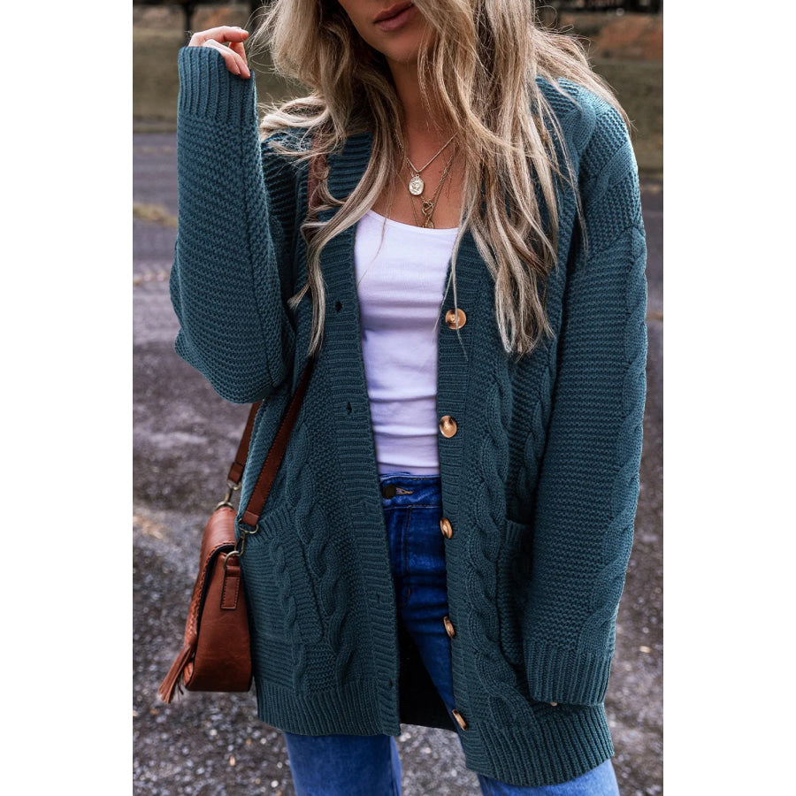 Cable-Knit Button Up Long Sleeve Cardigan French Blue / S Apparel and Accessories