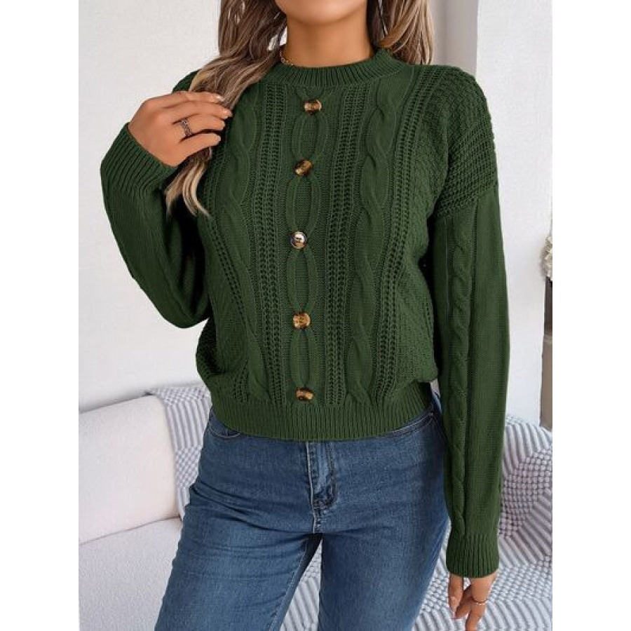 Cable-Knit Buttoned Round Neck Sweater Army Green / S Clothing