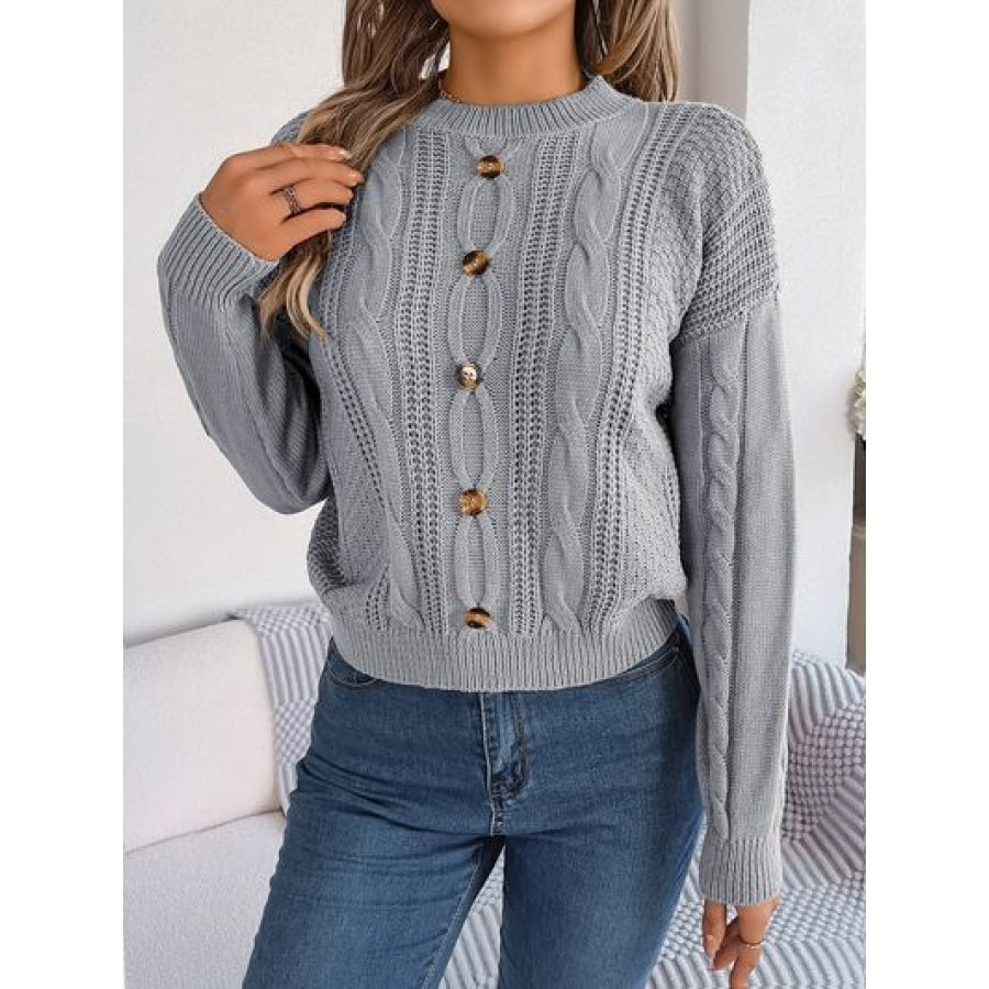 Cable-Knit Buttoned Round Neck Sweater Charcoal / S Clothing