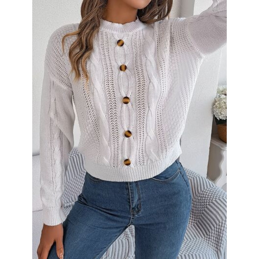 Cable-Knit Buttoned Round Neck Sweater Clothing