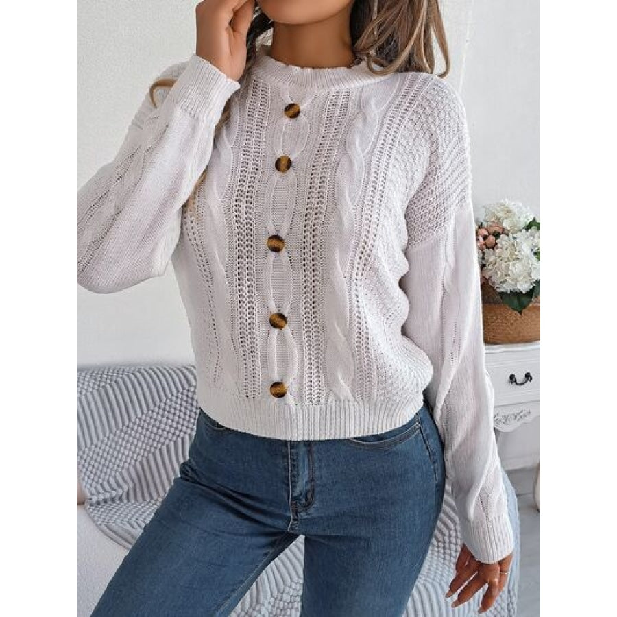 Cable-Knit Buttoned Round Neck Sweater Clothing