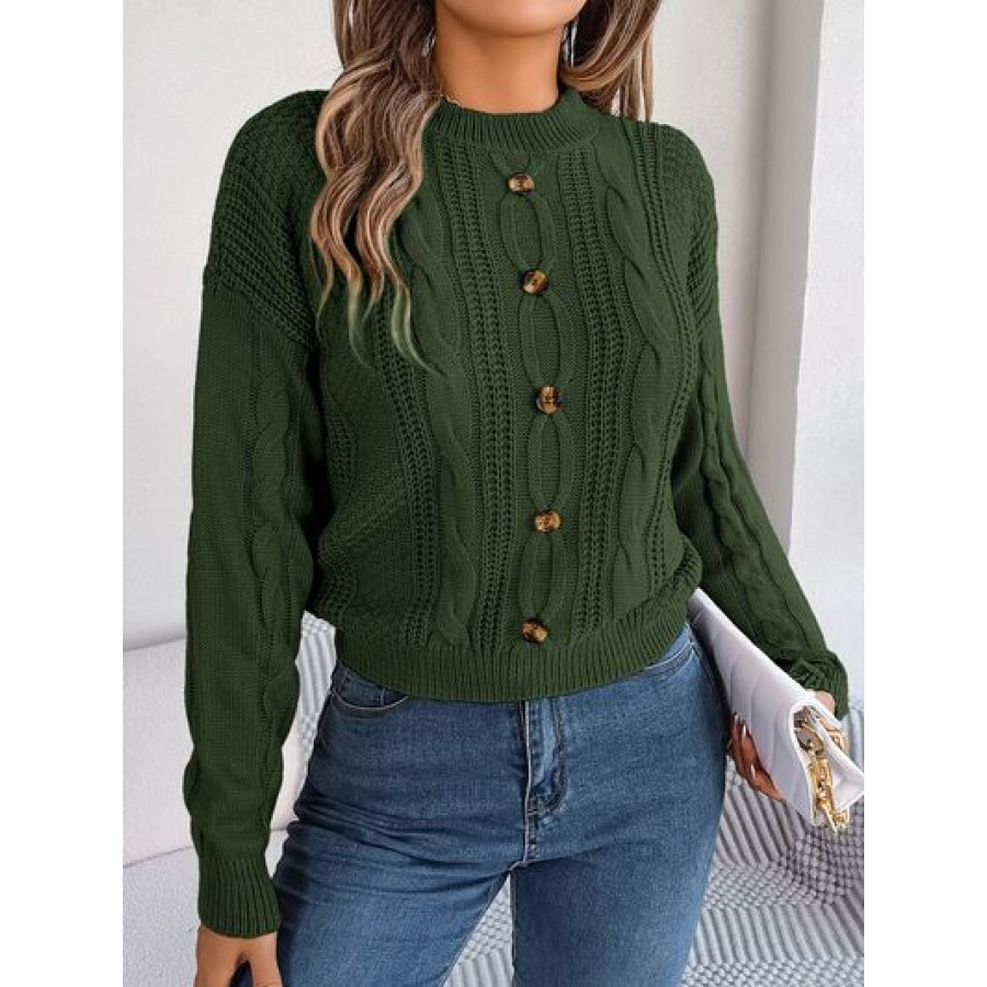 Cable-Knit Buttoned Round Neck Sweater Clothing