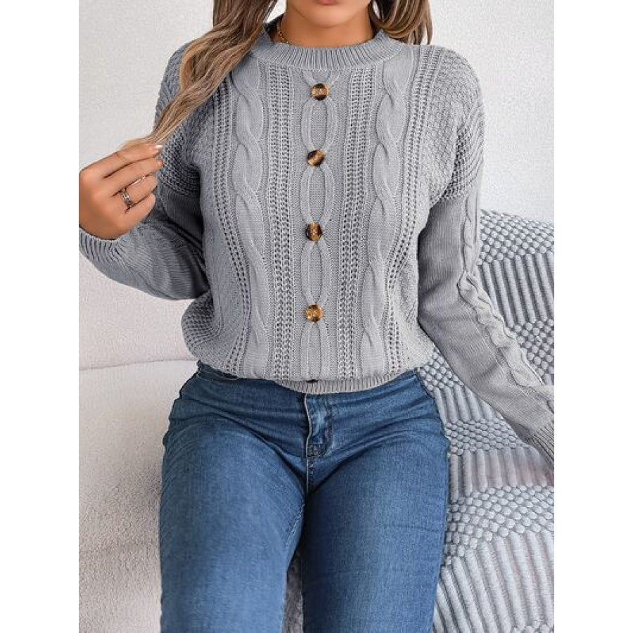 Cable-Knit Buttoned Round Neck Sweater Clothing