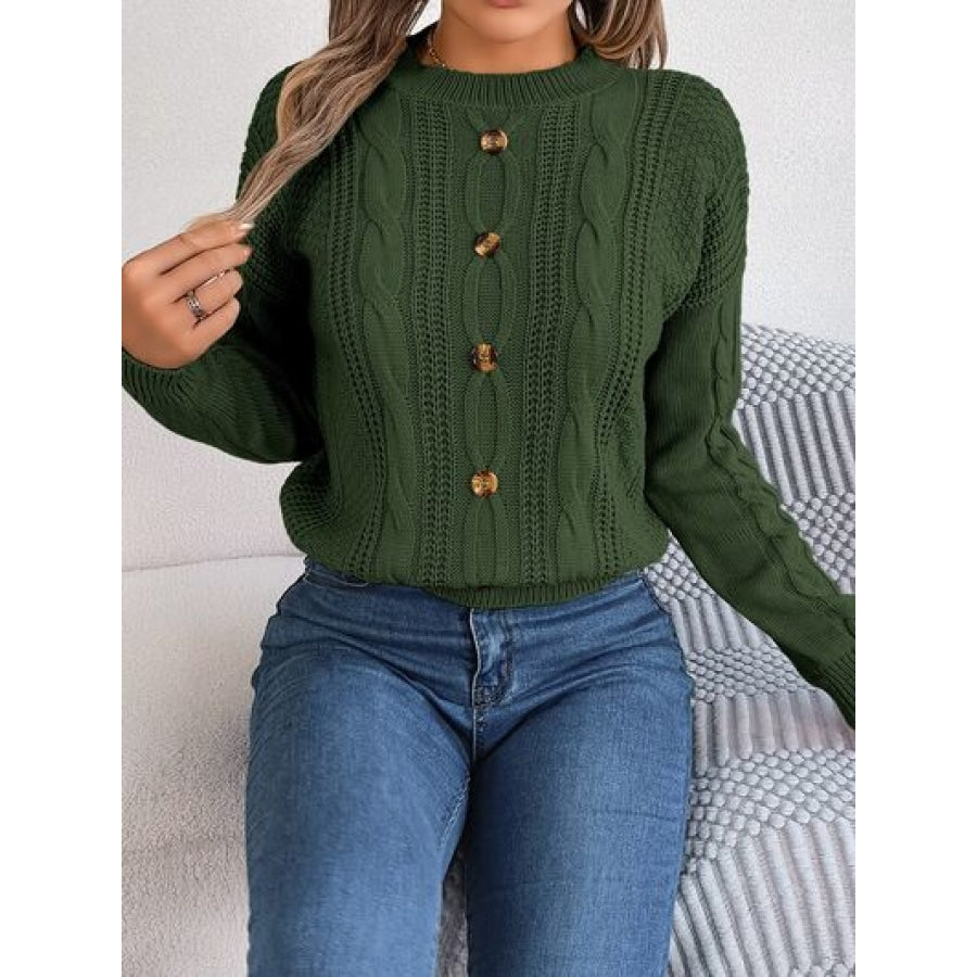 Cable-Knit Buttoned Round Neck Sweater Clothing