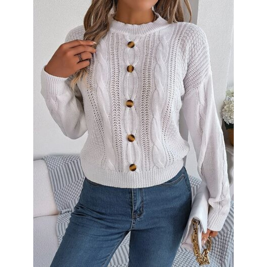 Cable-Knit Buttoned Round Neck Sweater White / S Clothing