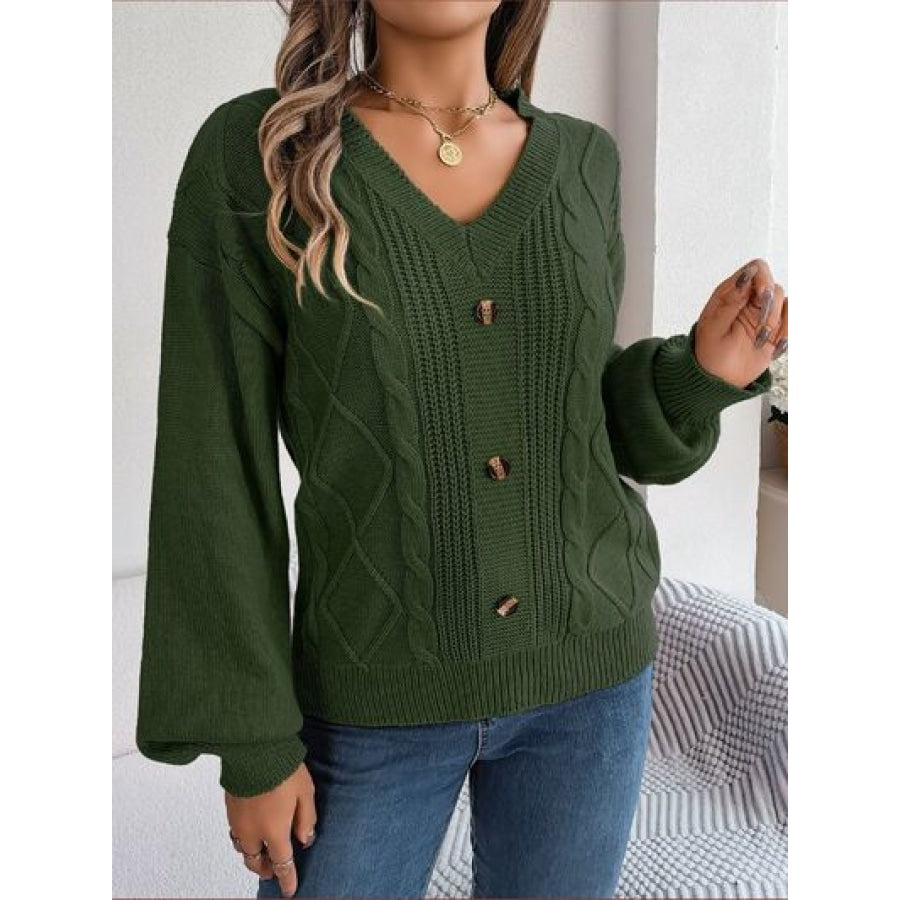 Cable-Knit Buttoned V-Neck Sweater Army Green / S Clothing