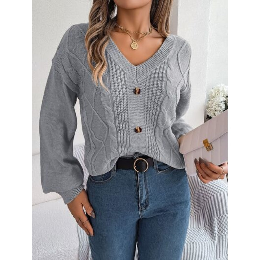 Cable-Knit Buttoned V-Neck Sweater Charcoal / S Clothing