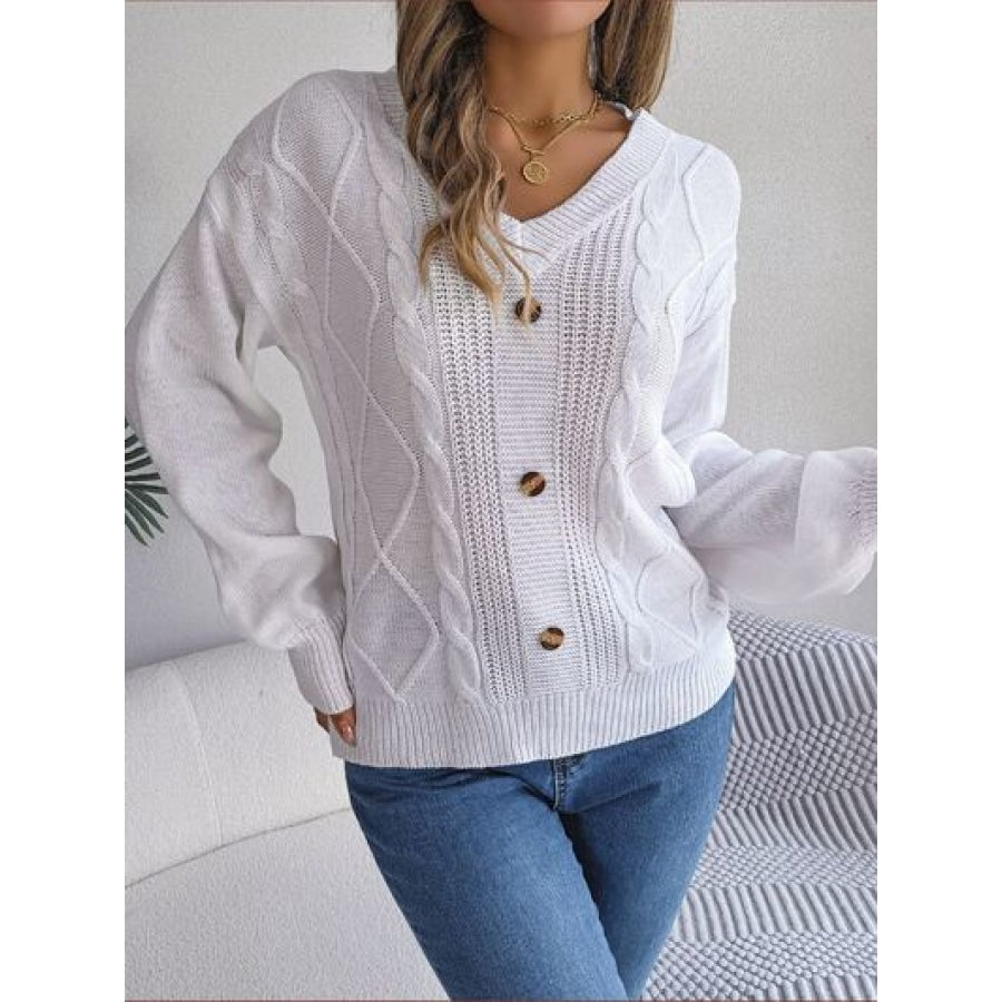 Cable-Knit Buttoned V-Neck Sweater Clothing