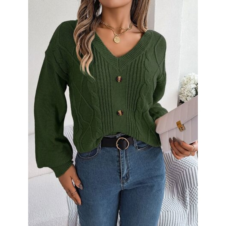 Cable-Knit Buttoned V-Neck Sweater Clothing