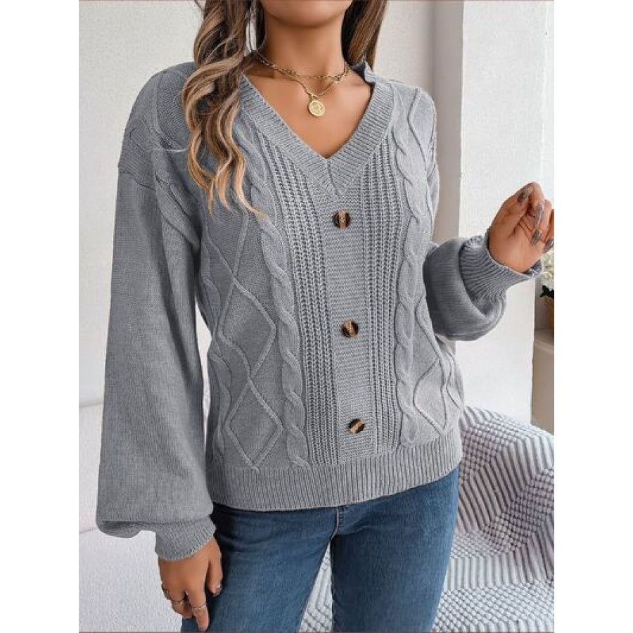 Cable-Knit Buttoned V-Neck Sweater Clothing