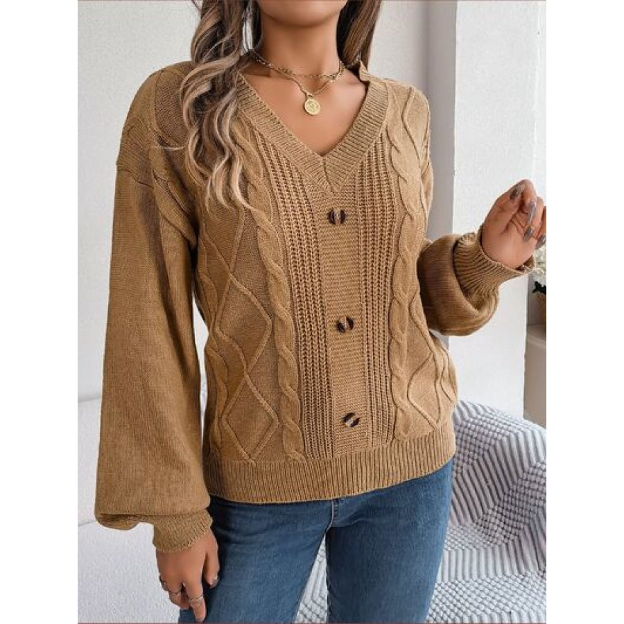 Cable-Knit Buttoned V-Neck Sweater Khaki / S Clothing