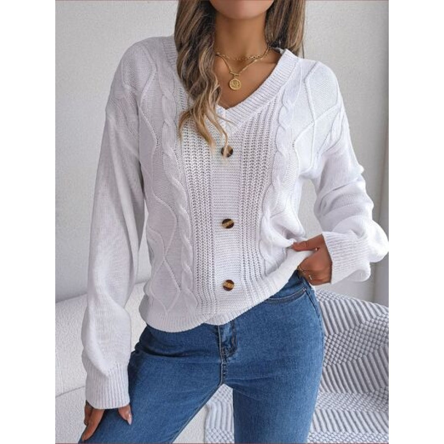 Cable-Knit Buttoned V-Neck Sweater White / S Clothing