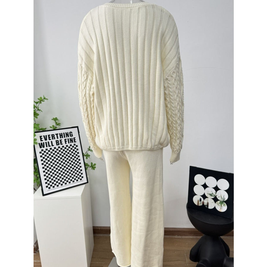 Cable Knit Cardigan & Wide Leg Pants Sweater Set Off-white / One Size Apparel and Accessories