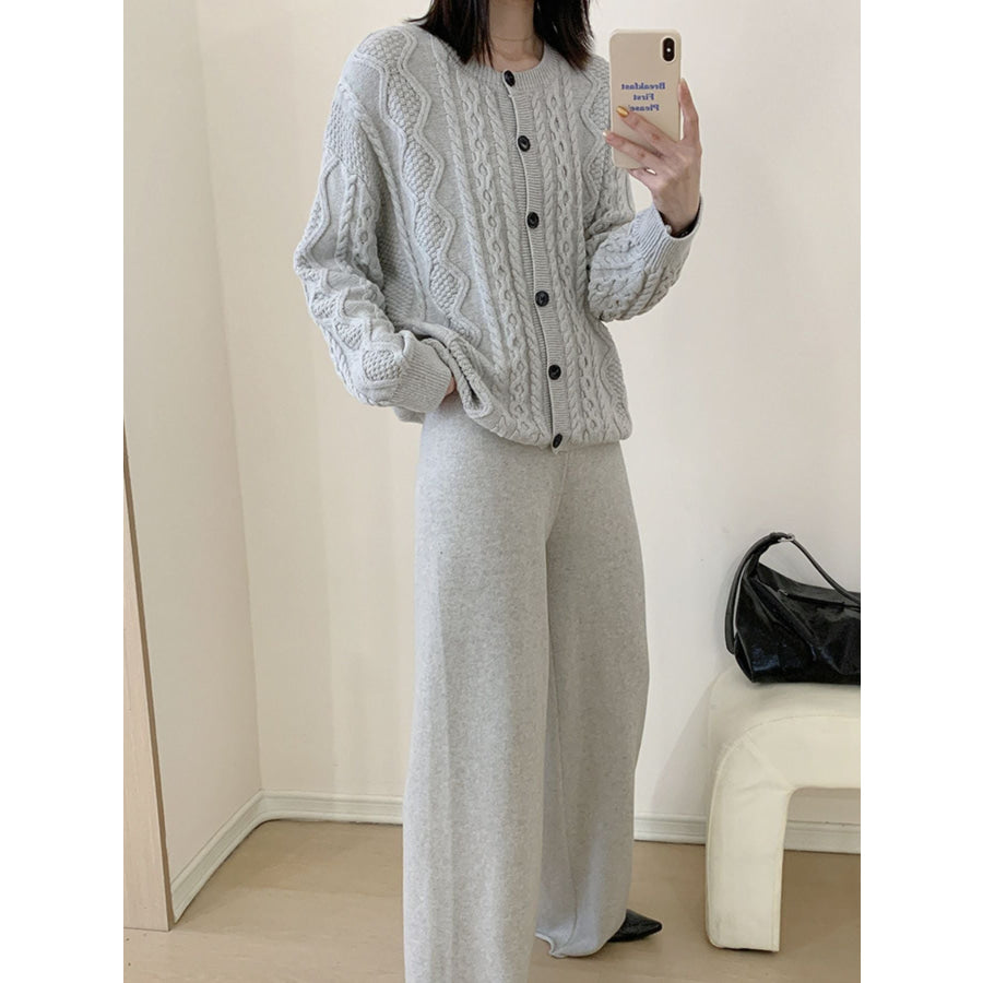 Cable Knit Cardigan & Wide Leg Pants Sweater Set Apparel and Accessories