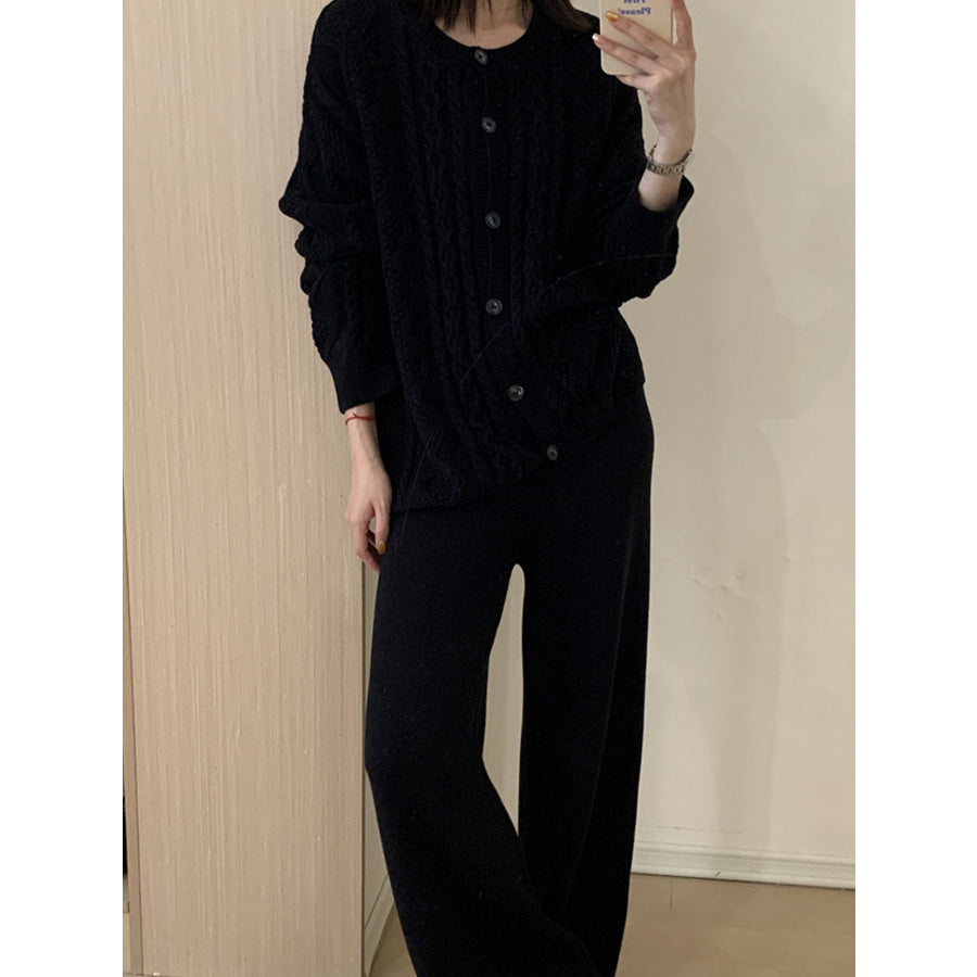 Cable Knit Cardigan & Wide Leg Pants Sweater Set Apparel and Accessories