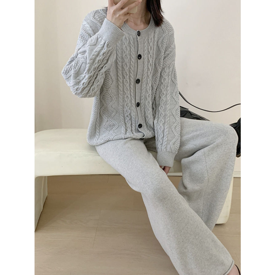 Cable Knit Cardigan & Wide Leg Pants Sweater Set Apparel and Accessories