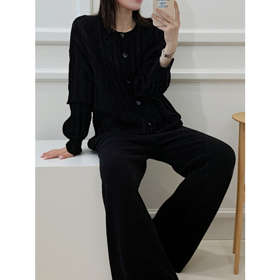 Cable Knit Cardigan & Wide Leg Pants Sweater Set Black / One Size Apparel and Accessories