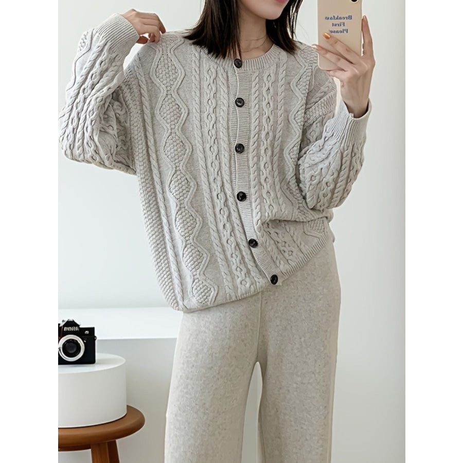 Cable Knit Cardigan & Wide Leg Pants Sweater Set Light Gray / One Size Apparel and Accessories