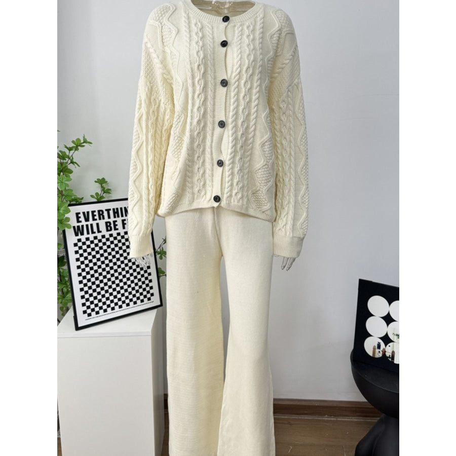 Cable Knit Cardigan & Wide Leg Pants Sweater Set Off-white / One Size Apparel and Accessories