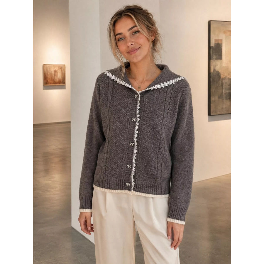 Cable-Knit Cardigan with Lace Trim Apparel and Accessories