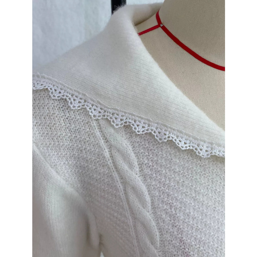 Cable-Knit Cardigan with Lace Trim Apparel and Accessories