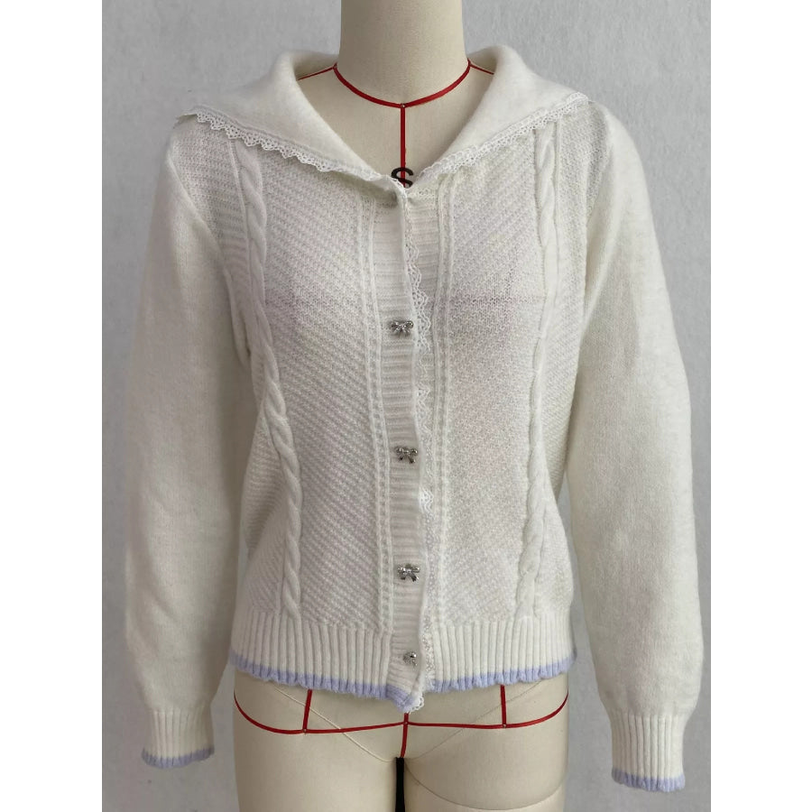 Cable-Knit Cardigan with Lace Trim Apparel and Accessories