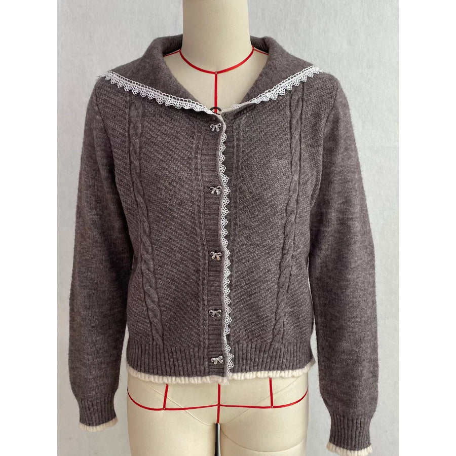 Cable-Knit Cardigan with Lace Trim Apparel and Accessories