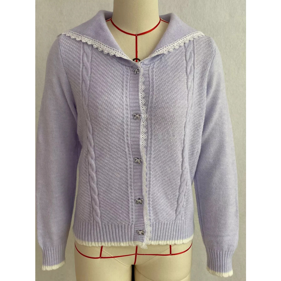 Cable-Knit Cardigan with Lace Trim Apparel and Accessories