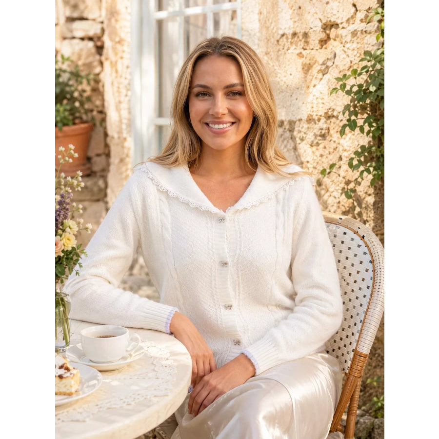 Cable-Knit Cardigan with Lace Trim Apparel and Accessories