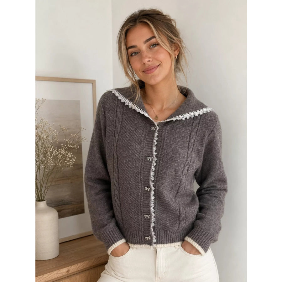 Cable-Knit Cardigan with Lace Trim Gray / One Size Apparel and Accessories