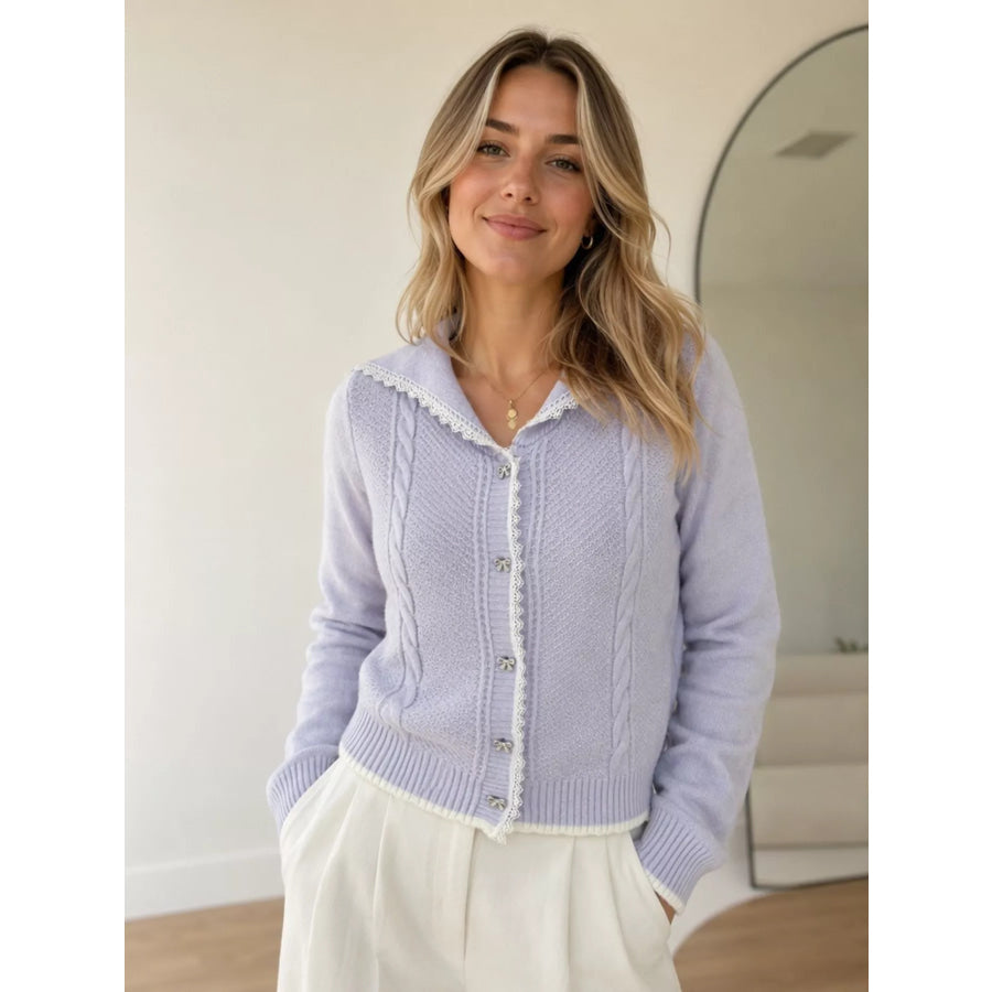 Cable-Knit Cardigan with Lace Trim Purple / One Size Apparel and Accessories