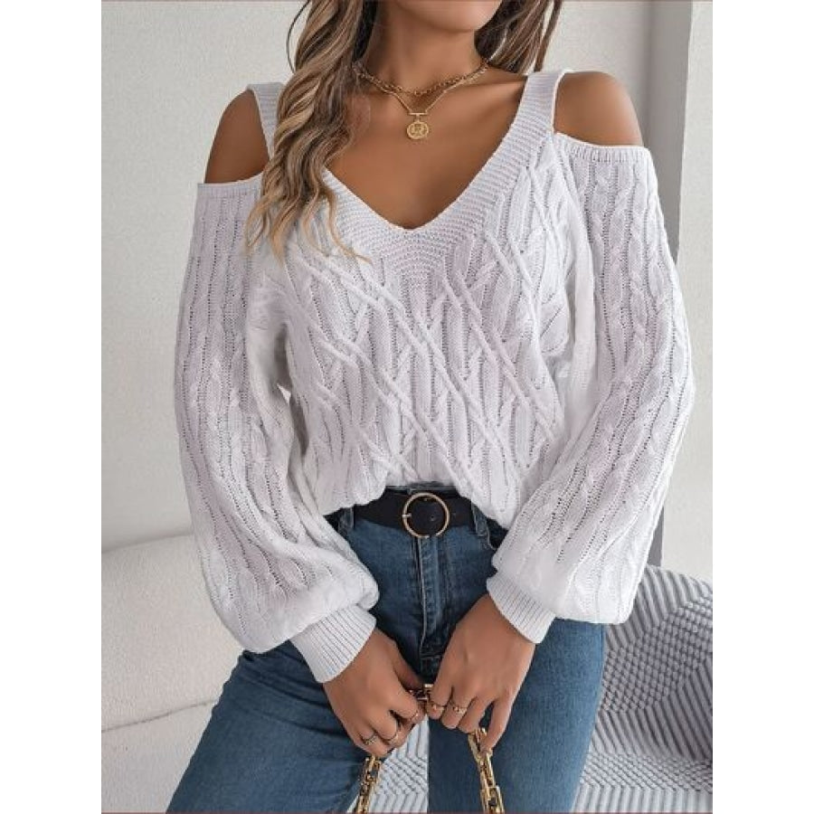 Cable-Knit Cold Shoulder Long Sleeve Sweater Clothing