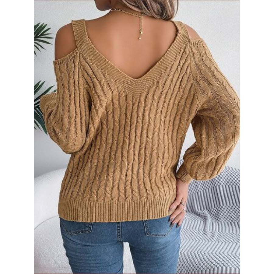 Cable-Knit Cold Shoulder Long Sleeve Sweater Clothing