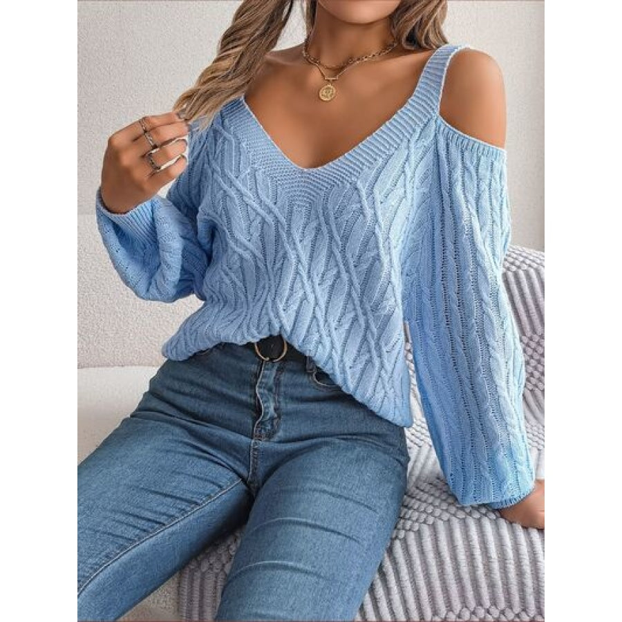 Cable-Knit Cold Shoulder Long Sleeve Sweater Clothing