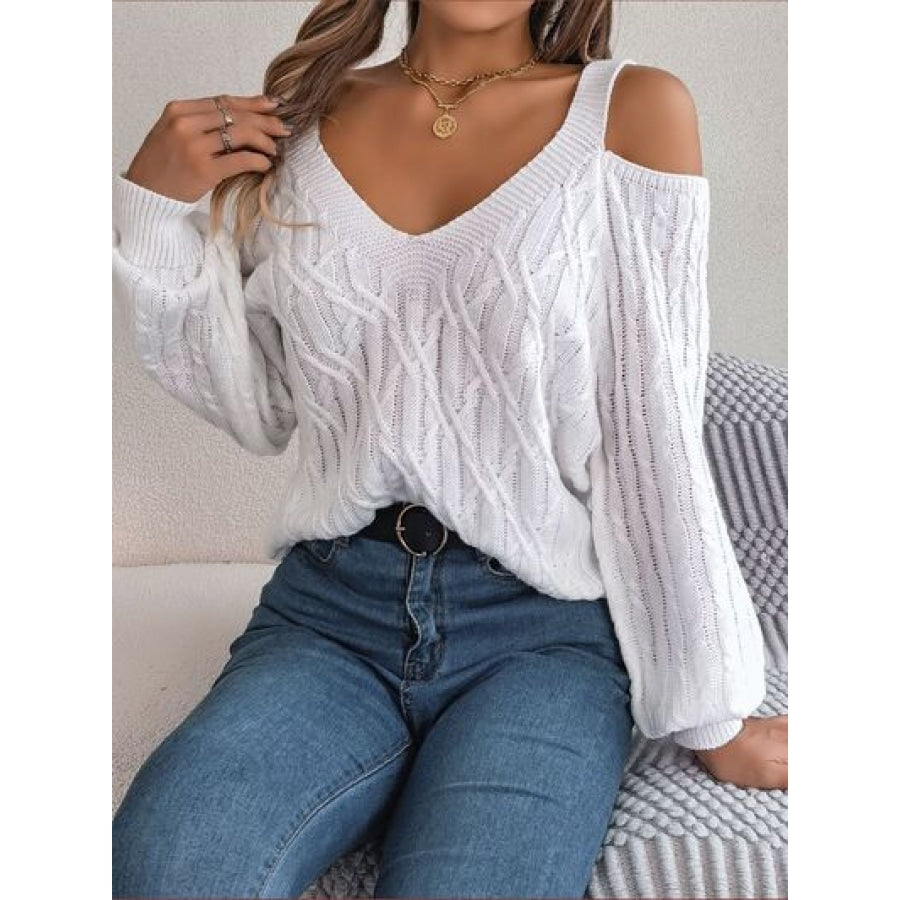 Cable-Knit Cold Shoulder Long Sleeve Sweater Clothing