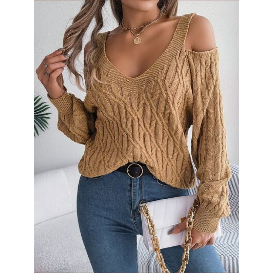 Cable-Knit Cold Shoulder Long Sleeve Sweater Clothing