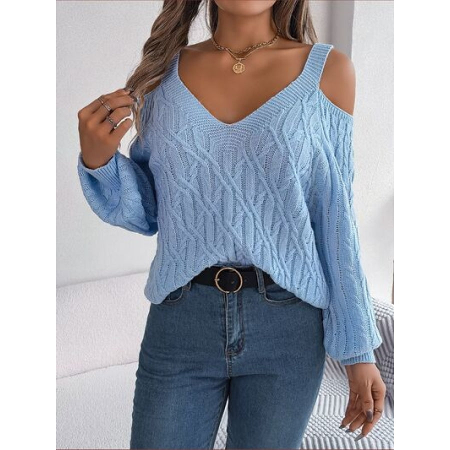 Cable-Knit Cold Shoulder Long Sleeve Sweater Clothing