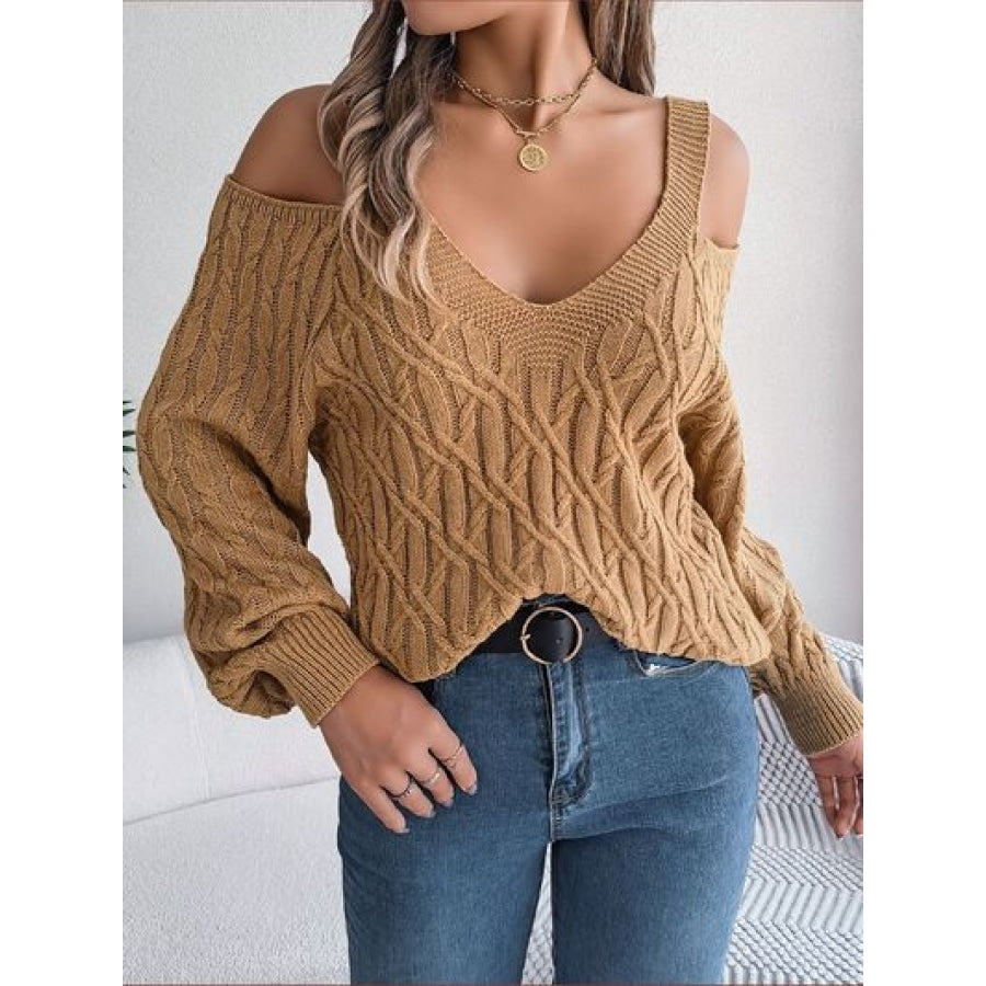 Cable-Knit Cold Shoulder Long Sleeve Sweater Clothing