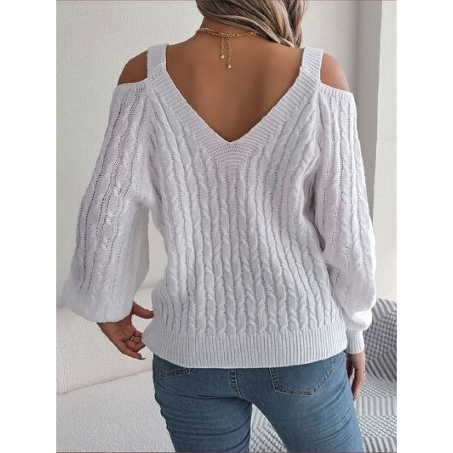 Cable-Knit Cold Shoulder Long Sleeve Sweater White / S Clothing