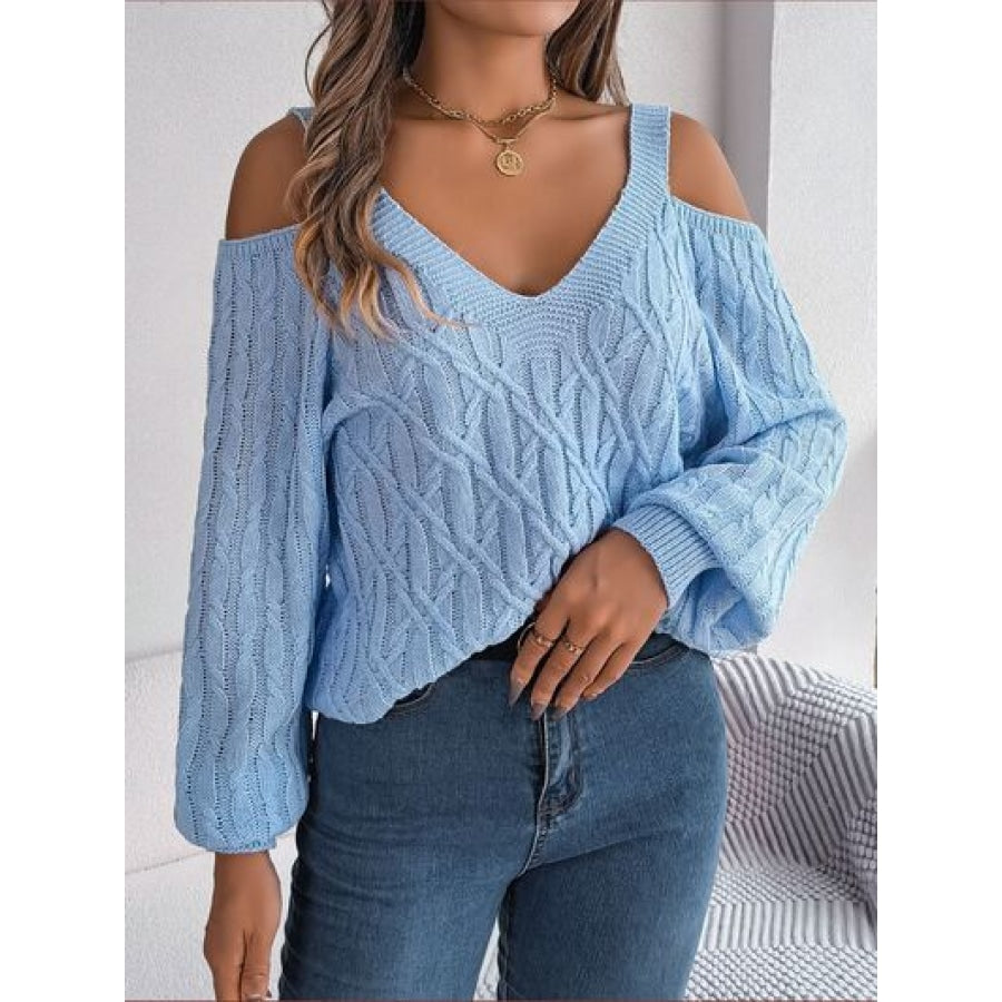 Cable-Knit Cold Shoulder Long Sleeve Sweater Misty Blue / S Clothing