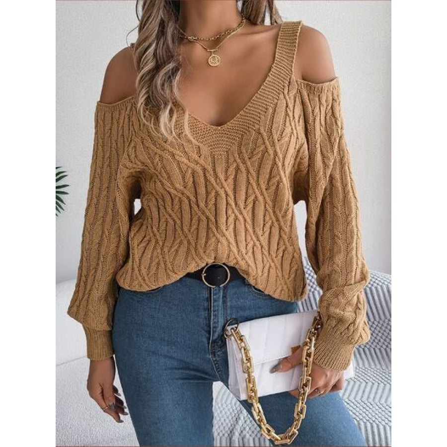 Cable-Knit Cold Shoulder Long Sleeve Sweater Taupe / S Clothing