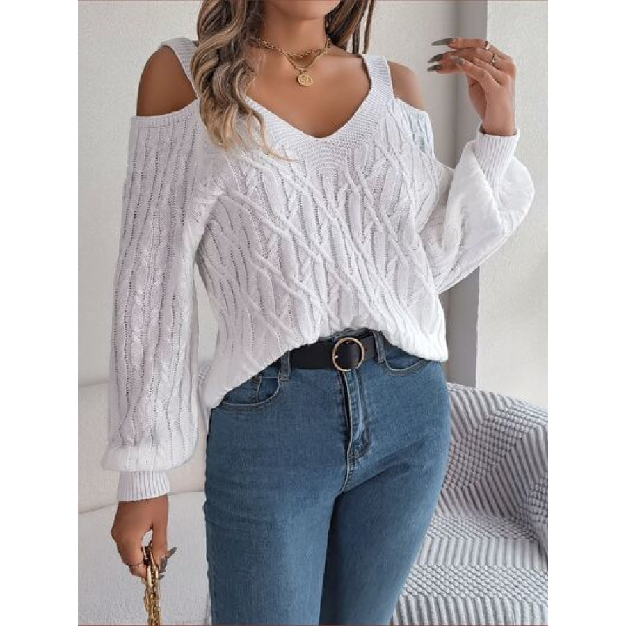 Cable-Knit Cold Shoulder Long Sleeve Sweater White / S Clothing