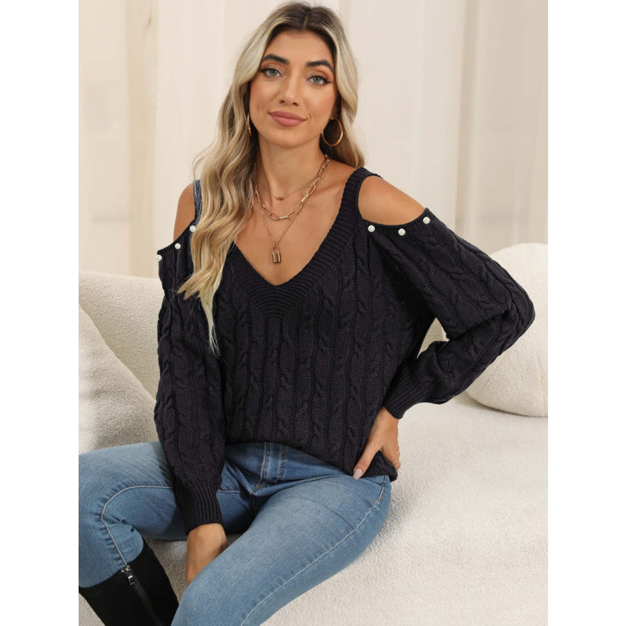 Cable-Knit Cold Shoulder Sweater Apparel and Accessories