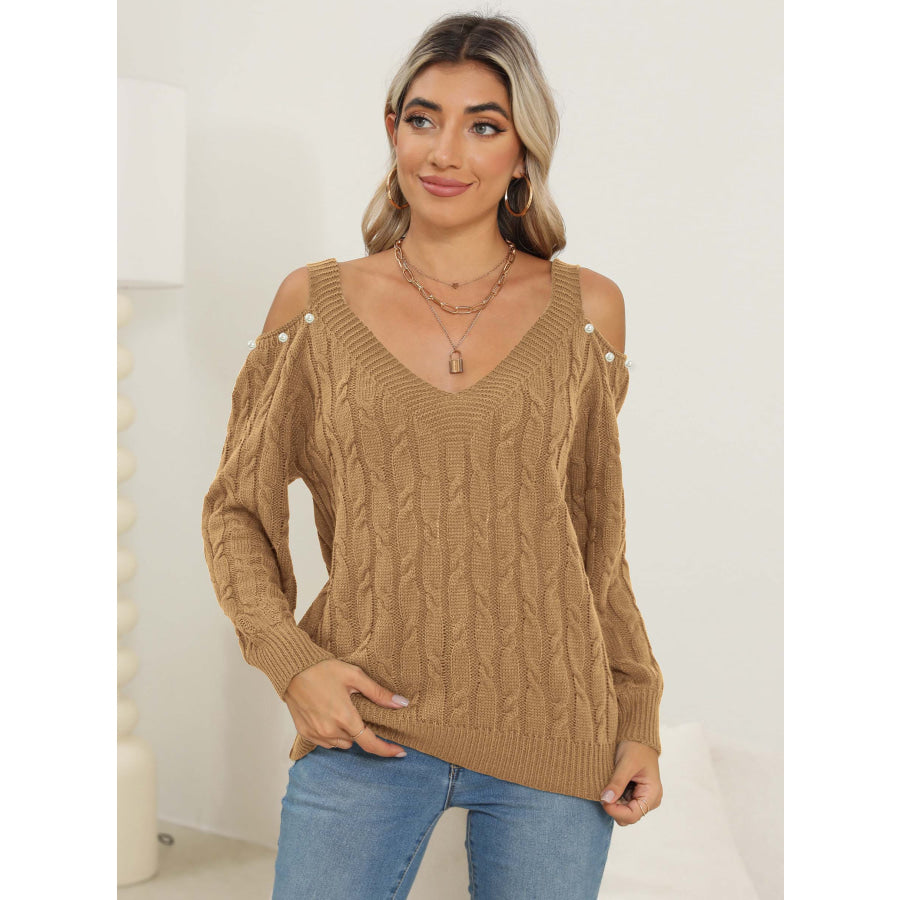 Cable-Knit Cold Shoulder Sweater Apparel and Accessories