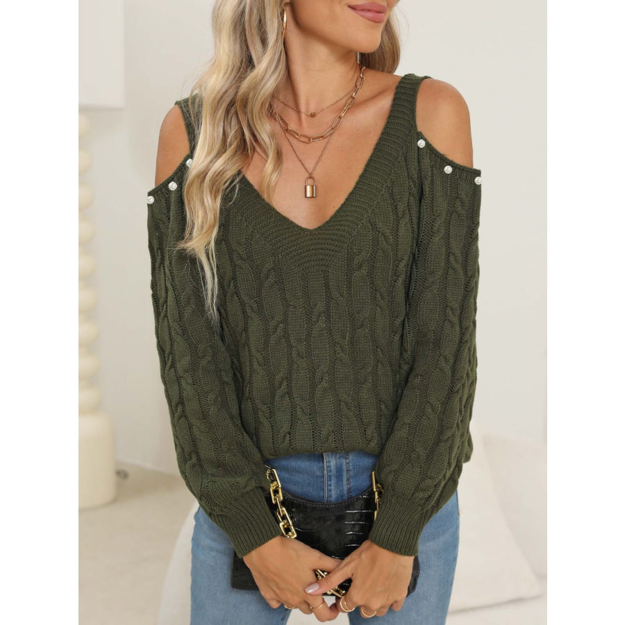 Cable-Knit Cold Shoulder Sweater Army Green / S Apparel and Accessories