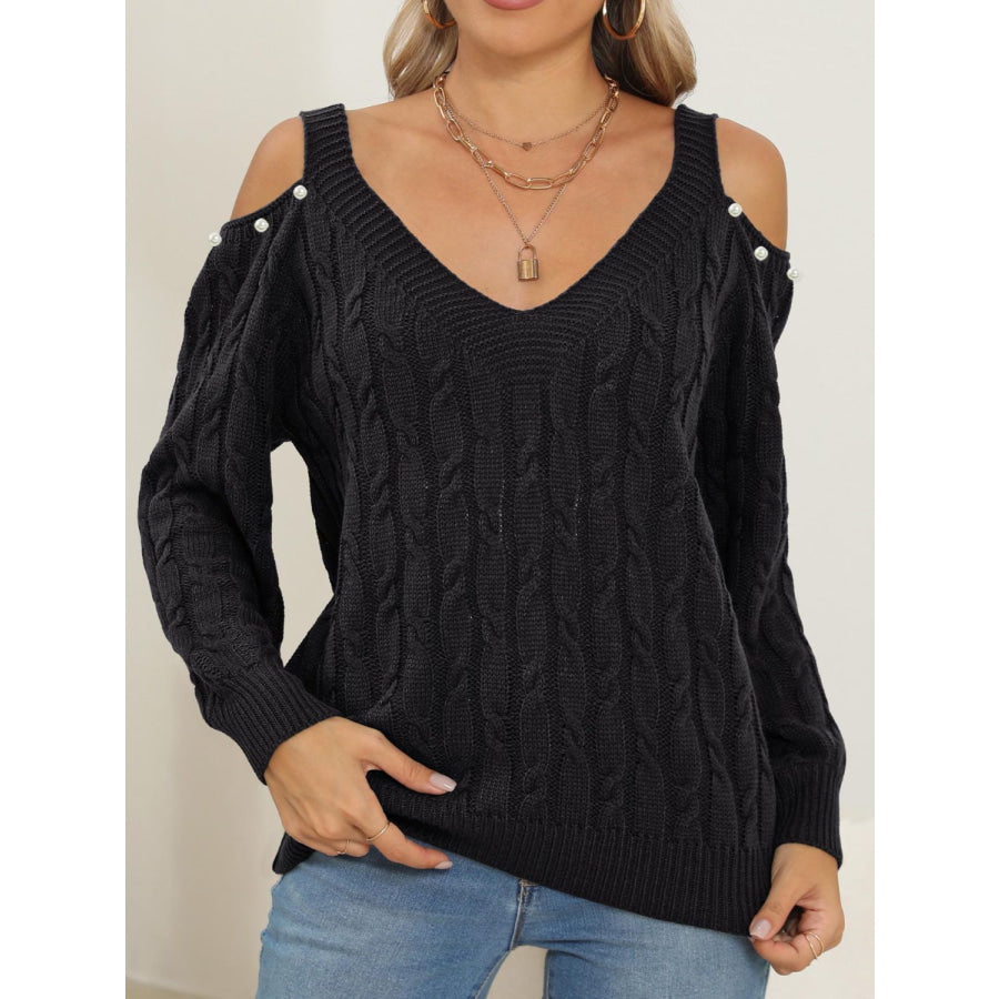 Cable-Knit Cold Shoulder Sweater Black / S Apparel and Accessories