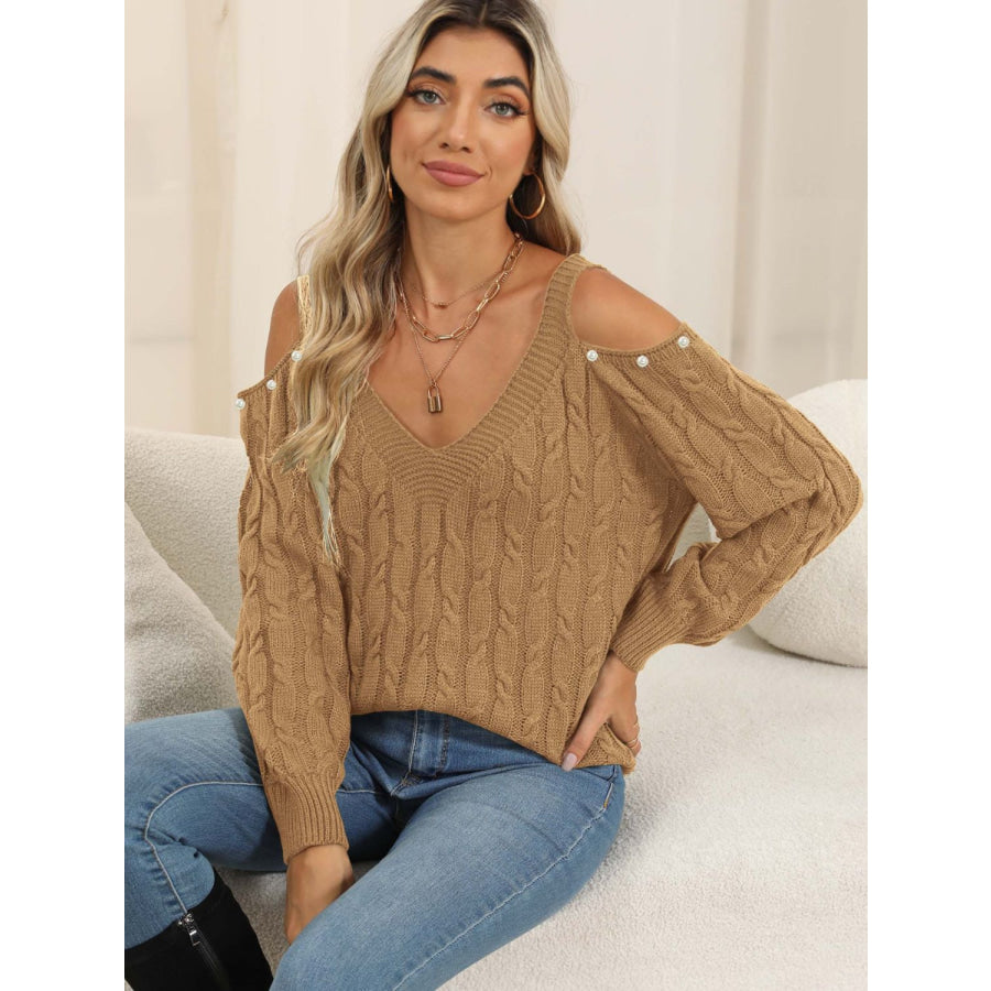 Cable-Knit Cold Shoulder Sweater Camel / S Apparel and Accessories