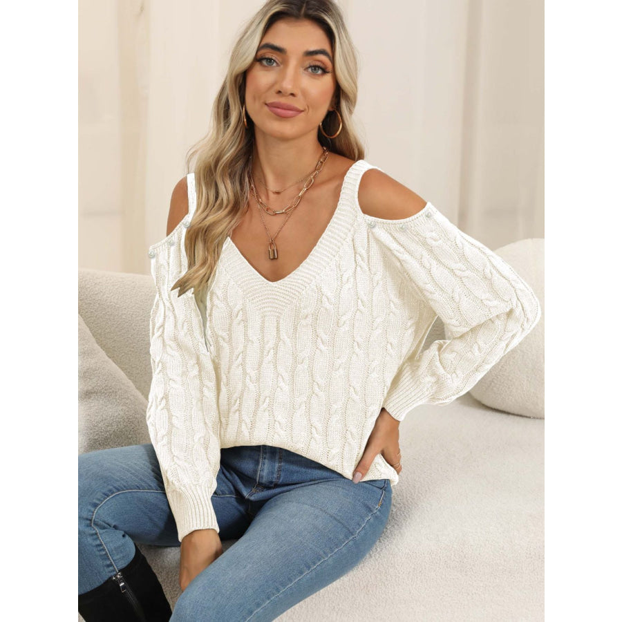 Cable-Knit Cold Shoulder Sweater White / S Apparel and Accessories